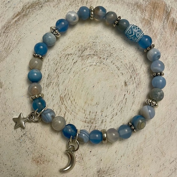 Moon & Star Charm Bracelet Set, 3, Blue agate gemstones, stretch, silver details - Picture 6 of 8